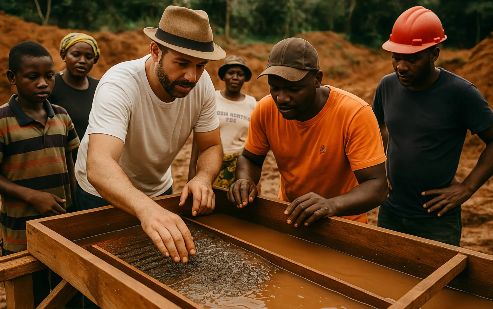 Mining instructor demonstrating sluice table techniques